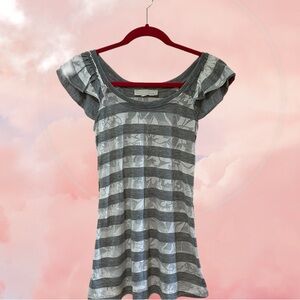 LUSH Gray and Cream Striped Top Ruffled Sleeves - Size Small